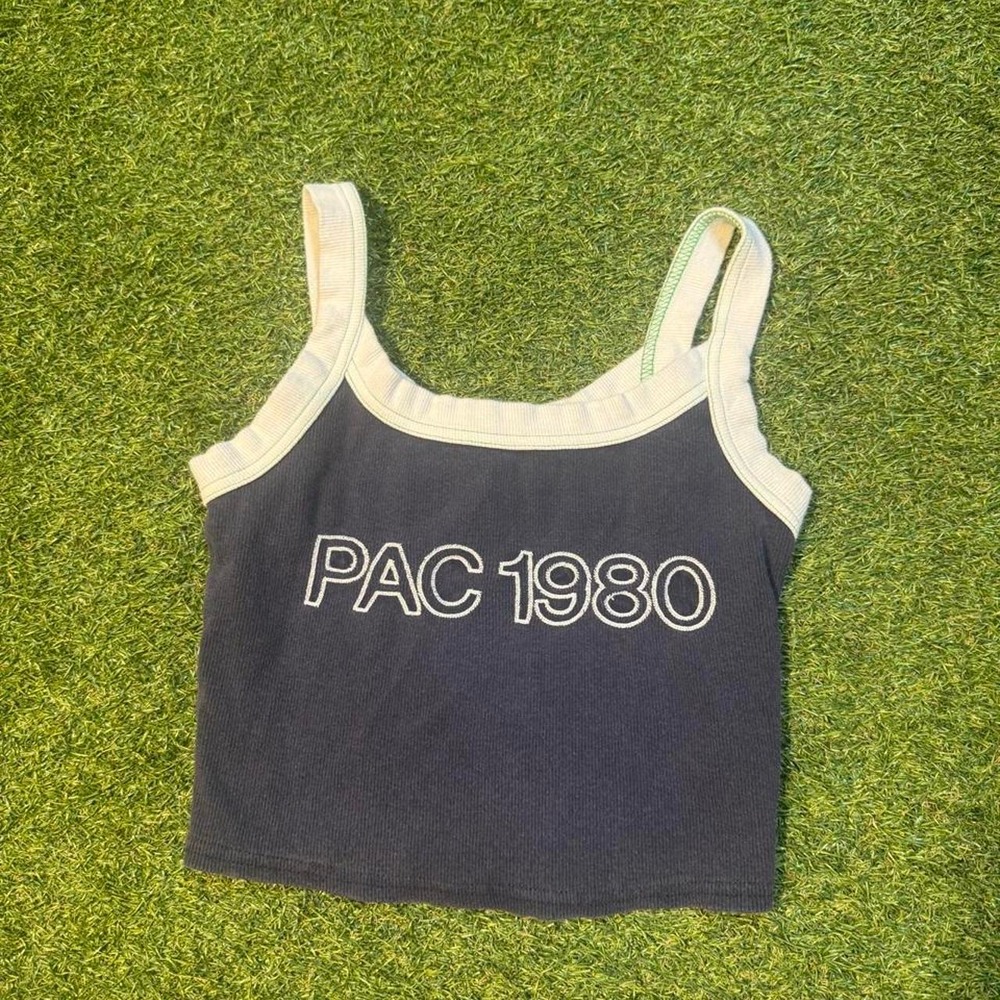 PacSun navy blue crop top with white text reading 'PAC 1980', size XS